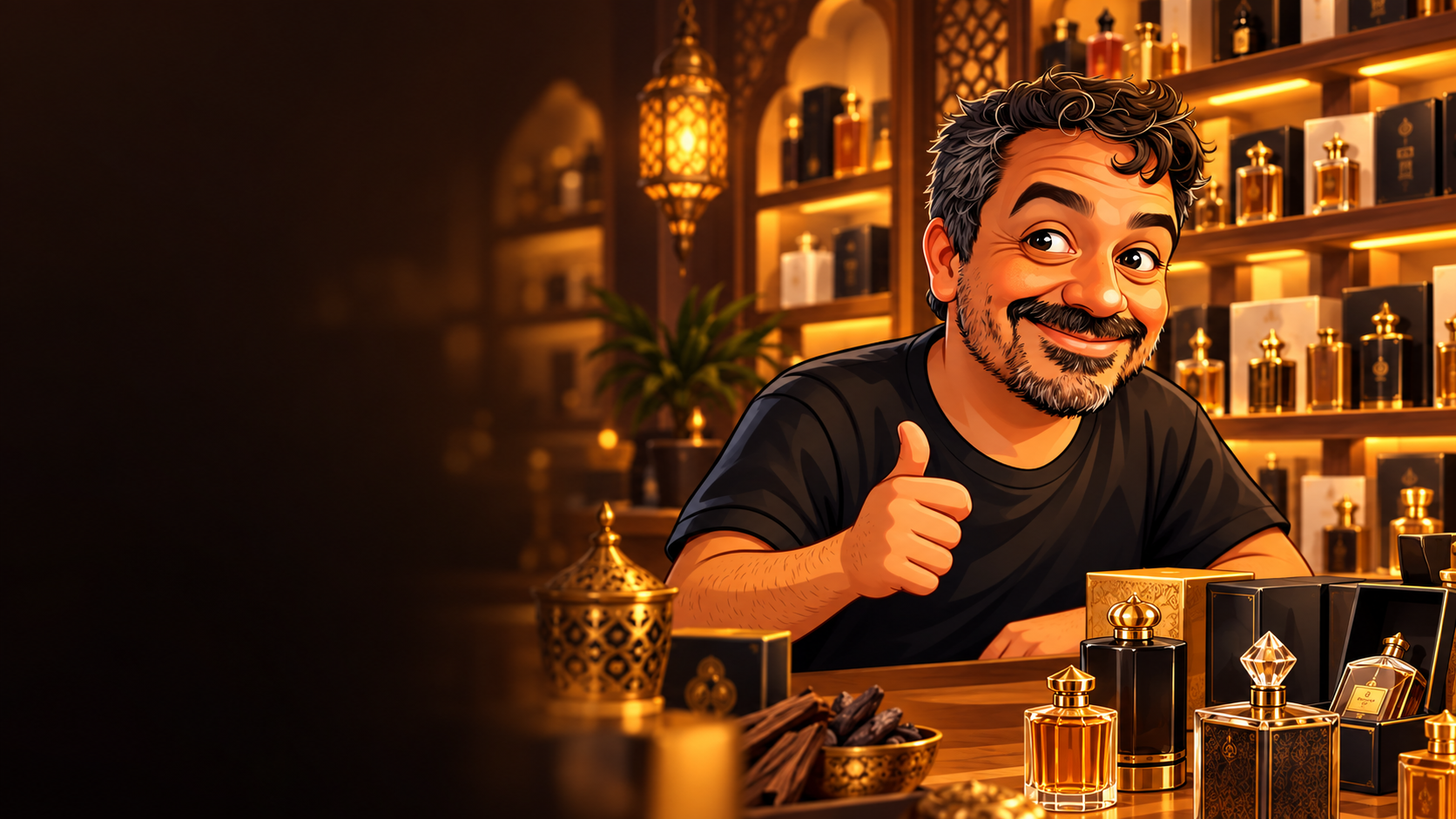 Ilustração do atendimento da Perfumaria Árabe